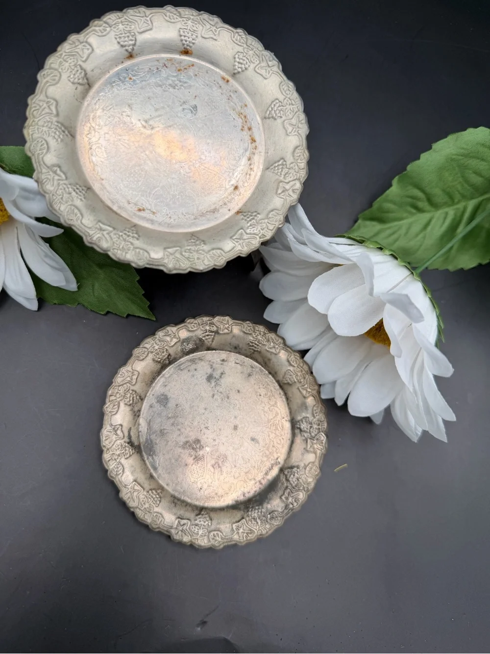 Vintage Ornate Silver Plated Decorative Wine Coasters with Stand- Set of 2